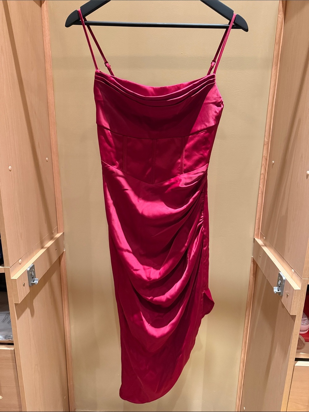 Fuchsia Satin Draped Midi Slip Dress